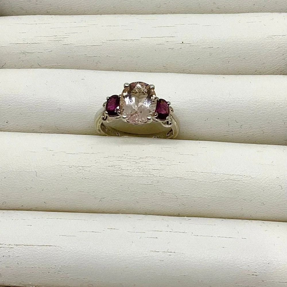 Sterling Silver-Multi-Gemstone Garnets & Pink Ring-Size 7 - Picture 3 of 7